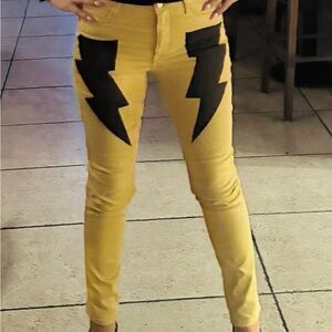 Punk yellow lightning upcycled handmade stretch skinny jeans